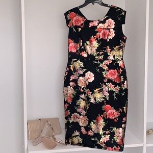 Women’s black dress, metallic rose gold floral